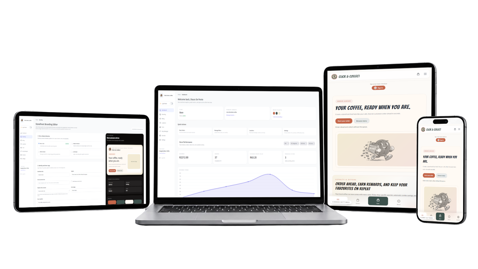 ClickCollect storefront preview shown across multiple handheld devices