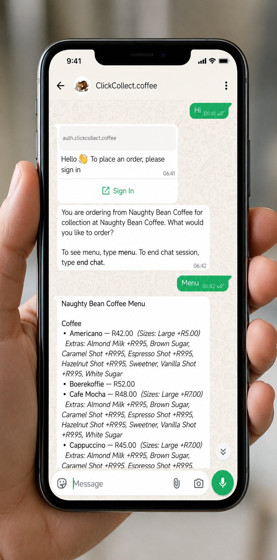 Browse the coffee menu and order in natural language over WhatsApp