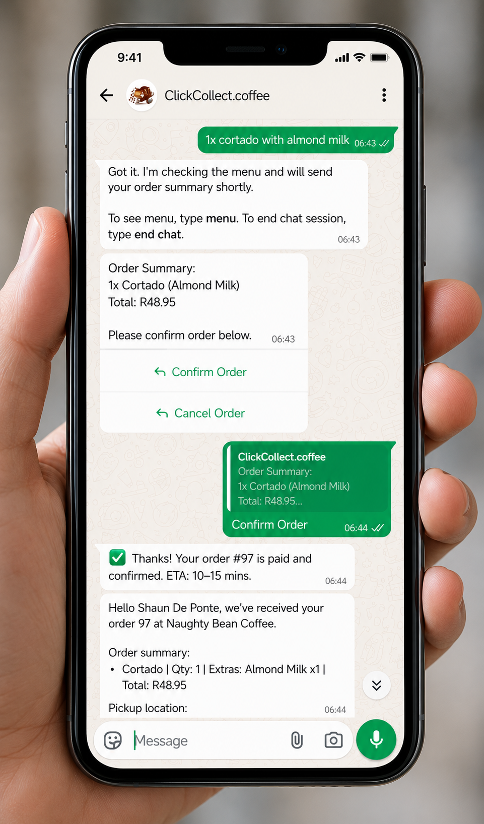 Confirming and paying for a coffee order over WhatsApp