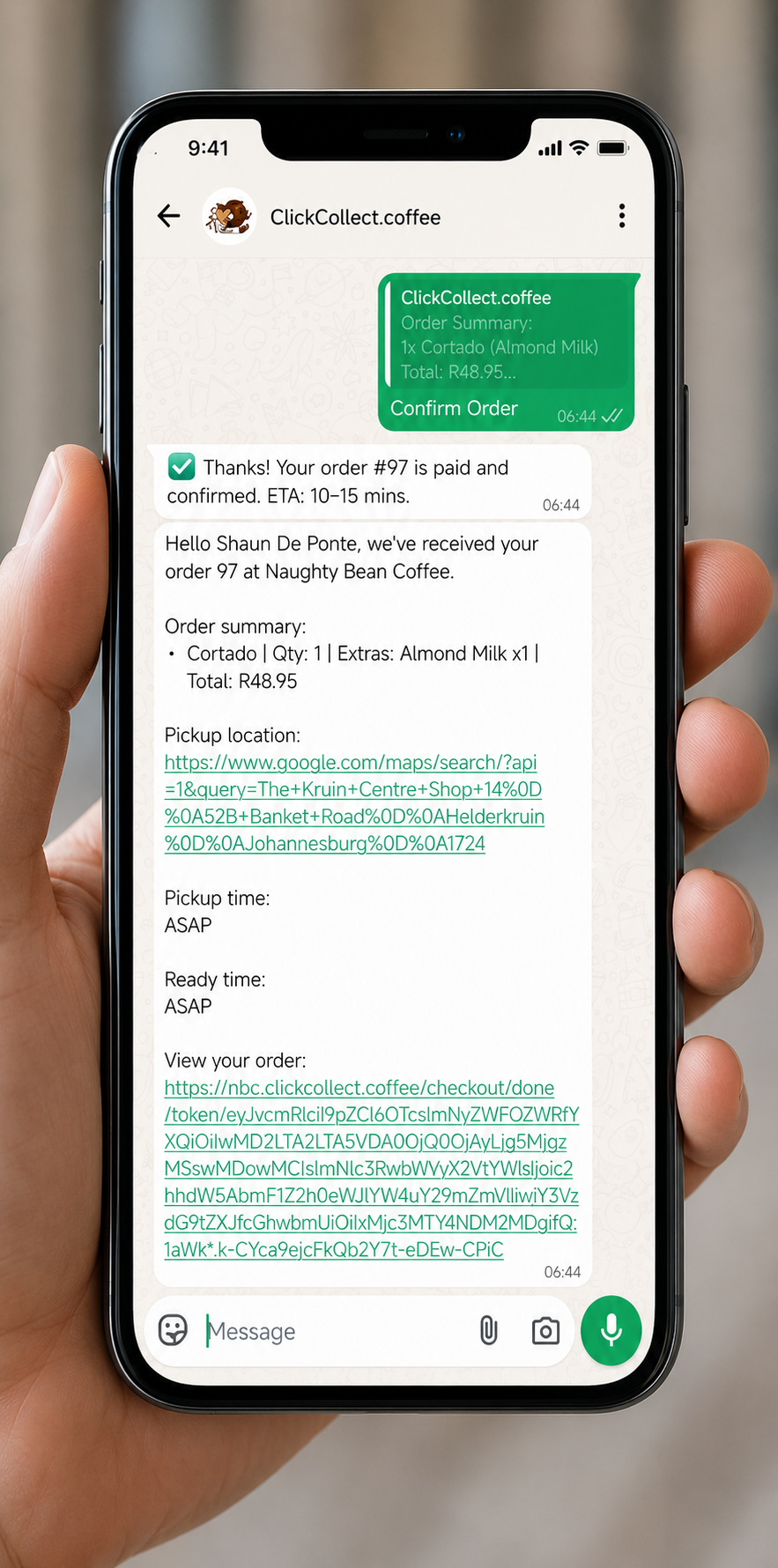 Receiving pickup location and order details over WhatsApp